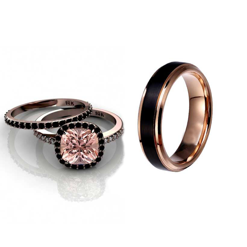 Wedding Rings Trio Set CZ-1163 18k Rose Gold With Black Stone